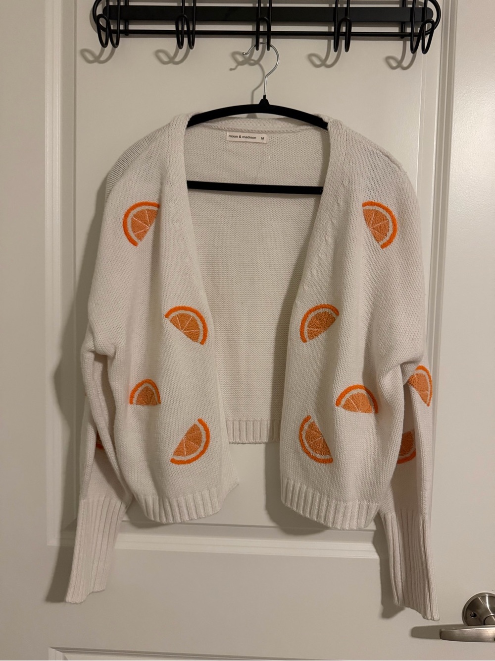 moon & madison White Open-Front Cardigan with Orange Slice Motif